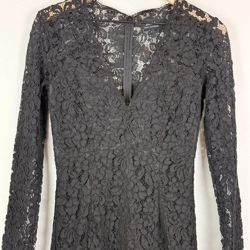 Bardot Dress Women 6 Black Floral Crochet Lace Zip Back V-Neck Long Sleeve Party